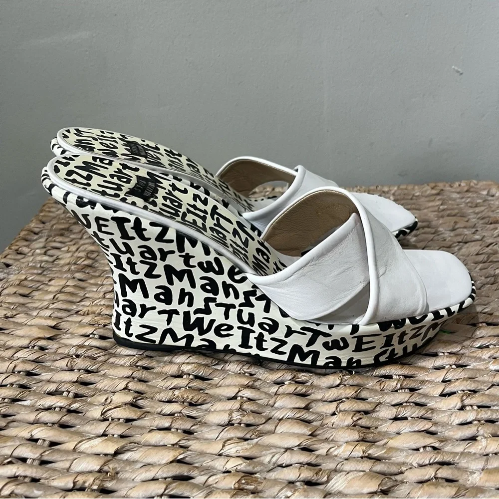 STUART WEITZMAN NEW BLACK & WHITE LEATHER‎ GRAFFITI PRINT LOGO SANDAL WEDGE 9.5